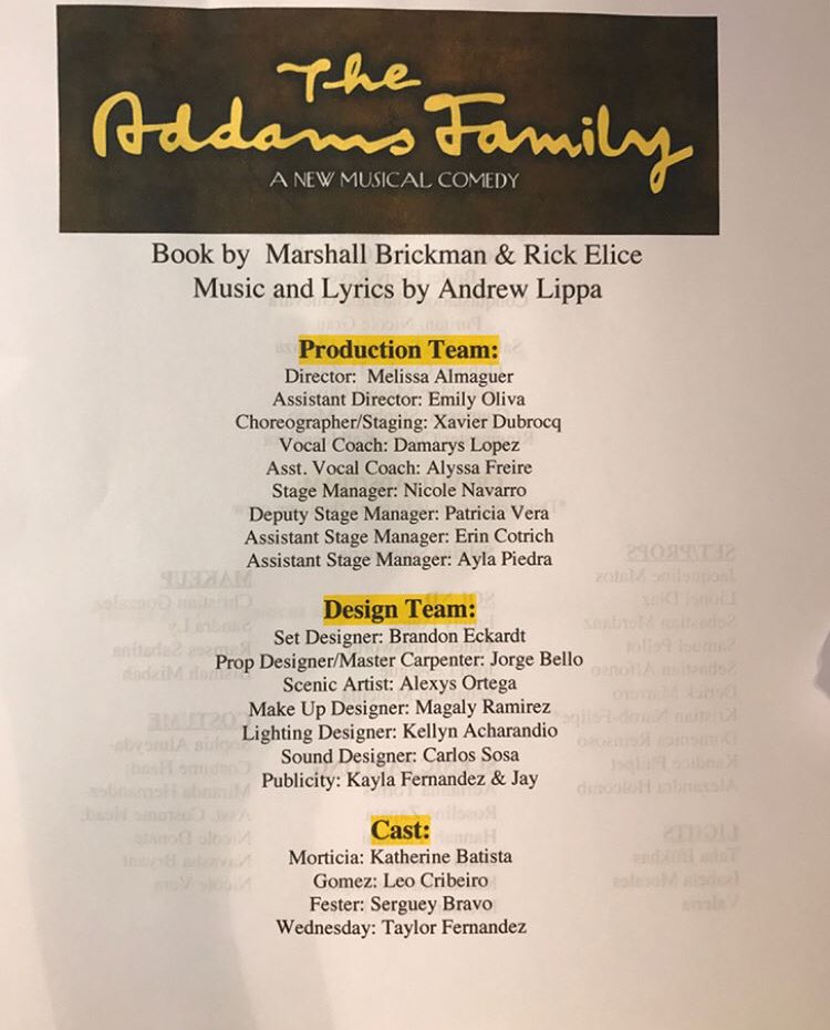 troupe6162's tweet photo. This is the cast and crew list for the Addams family musical. Congrats to everyone that made it! Please make sure to come watch it and support it! https://t.co/pLb1hzWSgj