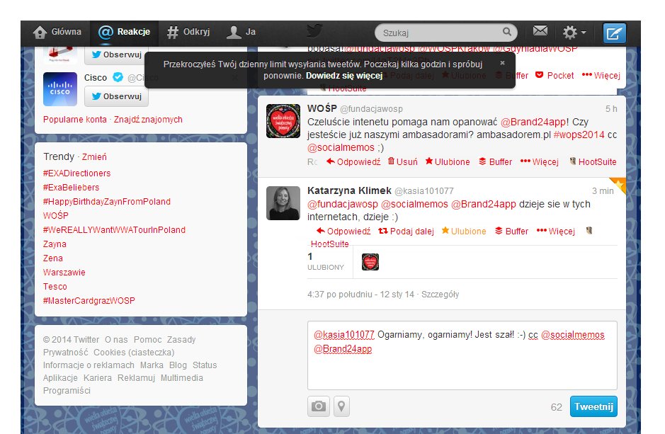 michalserwinski's tweet photo. #CyfroweWspominki: Był rok 2014 kiedy w trakcie #wosp2014 wystrzelaliśmy z @annaflasza dzienny limit tweetów na kilka godzin przed północą w trakcie pisania do @brand24. 😀 #nonprofitPL https://t.co/VJq91XlRim
