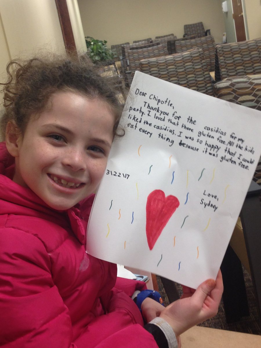 nicolesherrin1's tweet photo. @ChipotleTweets Here's my daughter with the thank you note she wrote after you catered 70 gluten free corn quesadillas so she could eat what everyone else was having.Please reconsider bringing them back for those w/Celiac Disease so we can all enjoy your restaurant together. https://t.co/LZM3SoxnpA