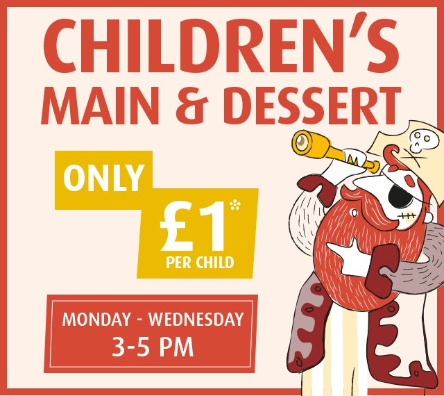 Did you know, kids can enjoy their favourite main AND dessert for just £1 each?! Available Monday to Wednesday between 3-5pm - tweet us to book a table!