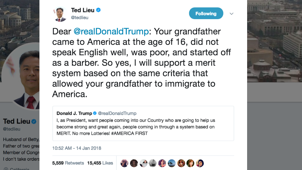 thehill's tweet photo. Dem lawmaker to Trump: I support an immigration system like the one your grandfather used to come to the US https://t.co/1GyVu82nbt https://t.co/VmMXMynyWD