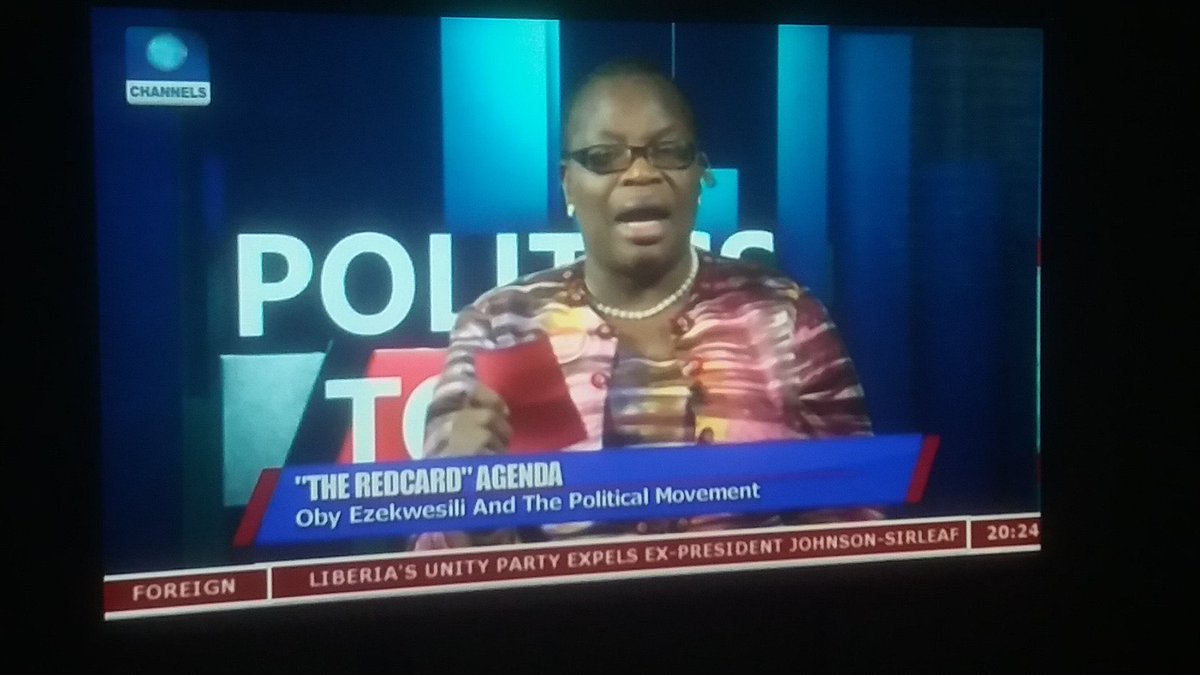obyezeks's tweet photo. I took a #RedCardToAPCAndPDP with me to my chat with .@seunokin on @CTVpolitics broadcast on @channelstv . #RedCardMovement
#YearOfTheOfficeOfTheCitizen. 
No more reward of Governance Failure in our country. Citizens are NOT JOKING. Let those who want to play continue🛑🛑🛑🛑 https://t.co/ybBpS97qkU