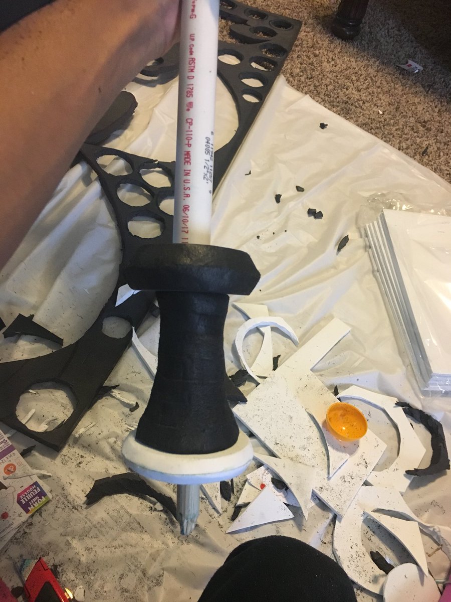 ok!!! got this done before i take a break for lunch + i also re-attached one of the blades in the proper position this time since it was upside down last time LOL!!!  progress!!! this is so lightweight since i used literally only polyethylene foam and craft foam!!