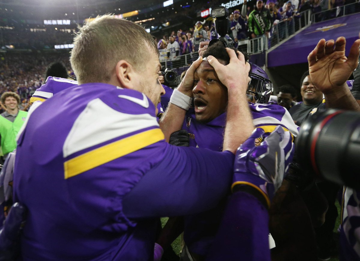 WillBrinson's tweet photo. Look at this shot of @stefondiggs and @casekeenum7. Incredible win for the @Vikings https://t.co/IY8ZZPz4CL