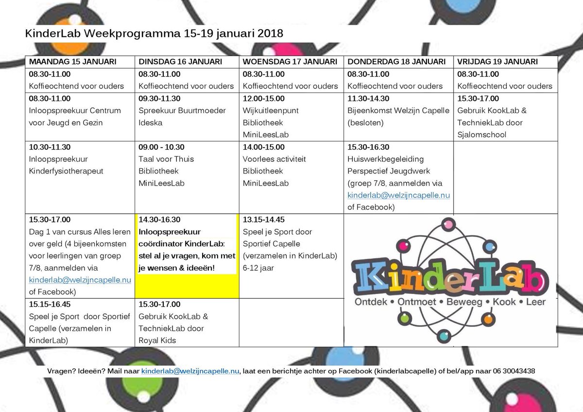 MarijeArnouts's tweet image. Na een fantastische opening gaan we morgen echt beginnen! Dit is het programma van komende week. Het #weekprogramma wordt elk weekend op Facebook &amp;amp; Instagram: kinderlabcapelle geplaatst en er zullen meer activiteiten bijkomen! 
#kinderlabcapelle #KinderLab #open @capellewelzijn