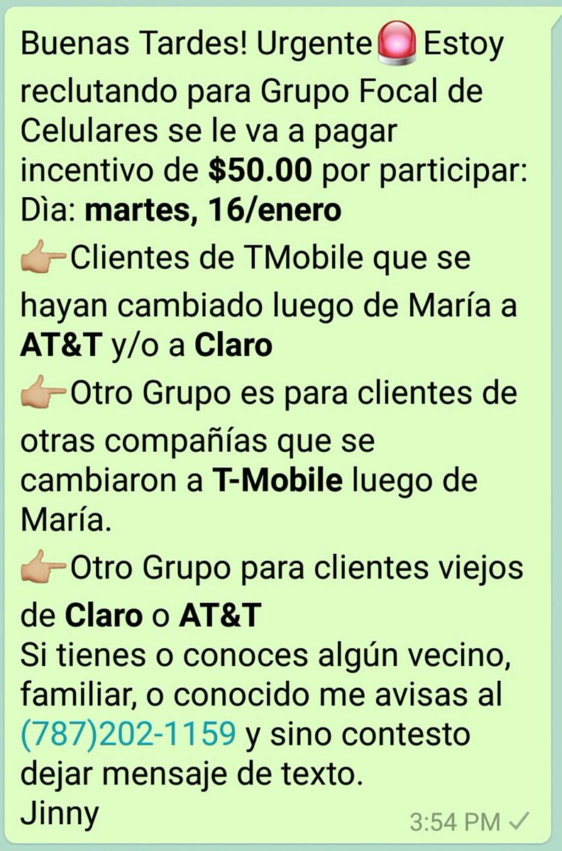 🚨🚨Atención🚨🚨

PONCE y pueblos limítrofes

Se está reclutando para Grupo Focal de Celulares/ pagarán un incentivo de $50.00 por participar

Dìa: martes, 16/enero

Ver especificaciones en la foto 👇👇👇👇👇👇👇👇👇👇👇
