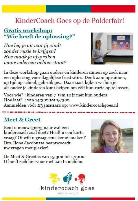 Gratis #workshop voor #ouders en #kinderen tijdens de #Polderfair op 27 januari
Schrijf je snel in want het aantal plaatsen is beperkt!!