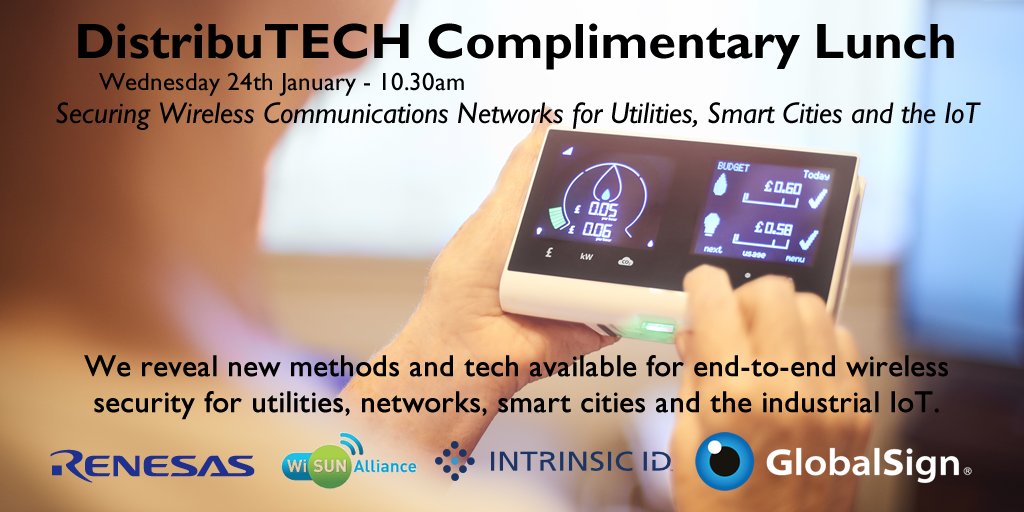 globalsign's tweet image. Going to @DistribuTECH this year? GlobalSign, @WiSunAlliance, @IntrinsicID &amp;amp; @Renesas1 are offering complimentary lunch &amp;amp; seminar revealing the newest &amp;amp; most advanced techniques for securing smart grids &amp;amp; wireless IoT networks. Register here! &amp;gt; okt.to/bCKotJ #DTECH2017