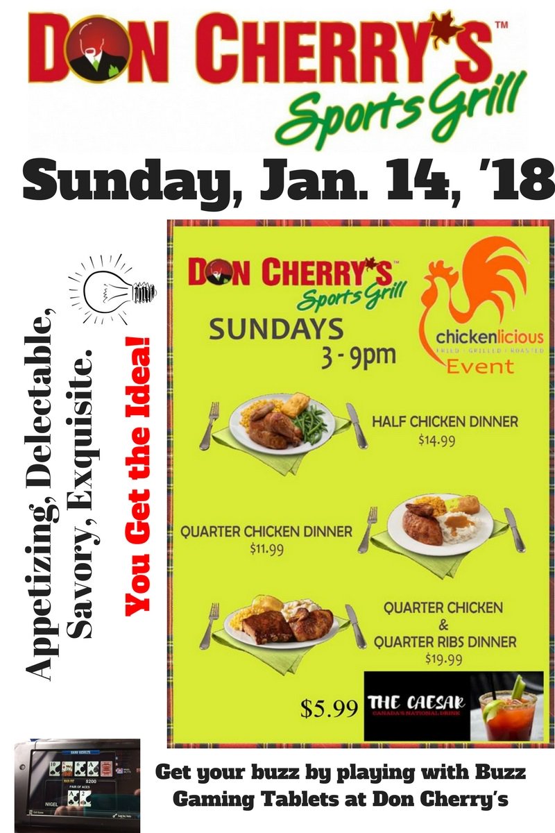 SocialmaxEd's tweet image. Have you heard of Chickenlicious Sunday?  Check it out today until 9 pm at Don Cherry's. And don't forget to ask for the FREE Buzz tablets so you can play some on-line games.  Happy Sunday!