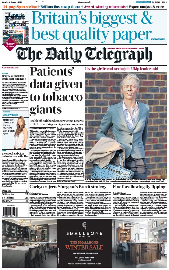 Telegraph's tweet photo. Patients' data given to tobacco giants - tomorrow's front page of The Daily @Telegraph #tomorrowspaperstoday https://t.co/cjF9g41fpw