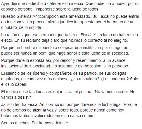 Sobre el Sistema Anticorrupción… 

Quienes desde la sociedad civil han dado esta batalla, no me dejarán mentir. Tener un Sistema Anticorrupción como el que tenemos, ha sido una lucha muy ardua. 

El motivo de estas líneas es dejar clara mi postura: No vamos a ceder.