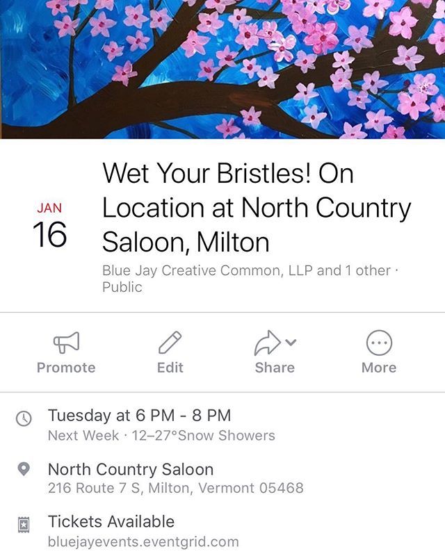 BlueJayCC's tweet photo. Tuesday evening Paint &amp; Sip at the North Country Saloon!! Don’t miss it!  #paintandsip #wetyourbristles #cherryblossom https://t.co/HaGEZIoV0p https://t.co/YMH9DWcIYB