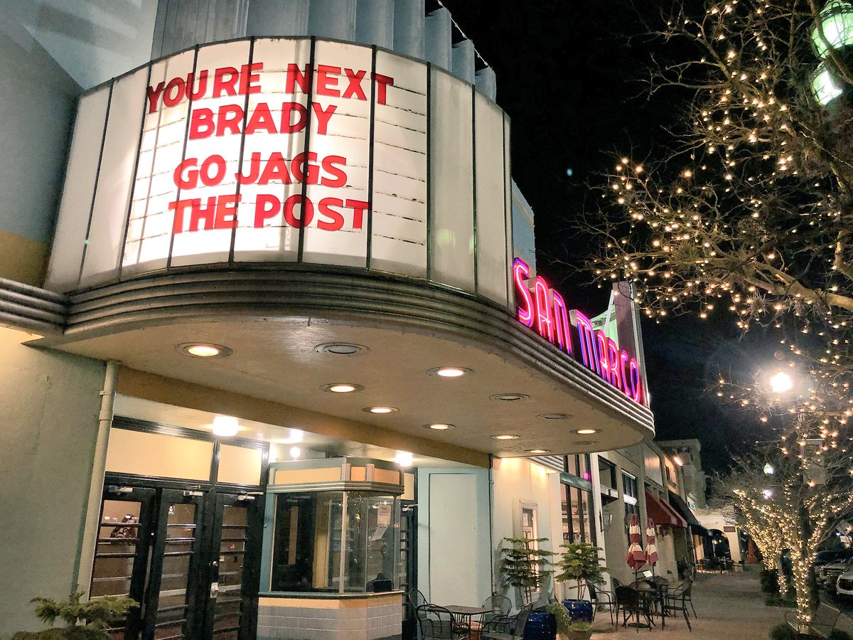 JAXChamber's tweet photo. “You’re Next, Brady!” San Marco Theatre marquee is ready! #ilovejax #Duuuval! #Jaguars #DTWD https://t.co/Cg5k9cMReh