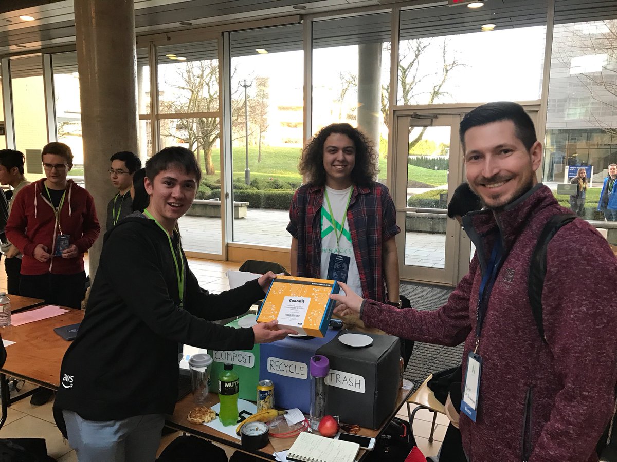 msnakisas's tweet photo. Congratulations team for winning second placed CA sponsored prize @nwHacks @CAinc I can't wait to use these automated garbage sorters  #LifeAtCA #nwHacks2018 https://t.co/fbv6qtmEF4