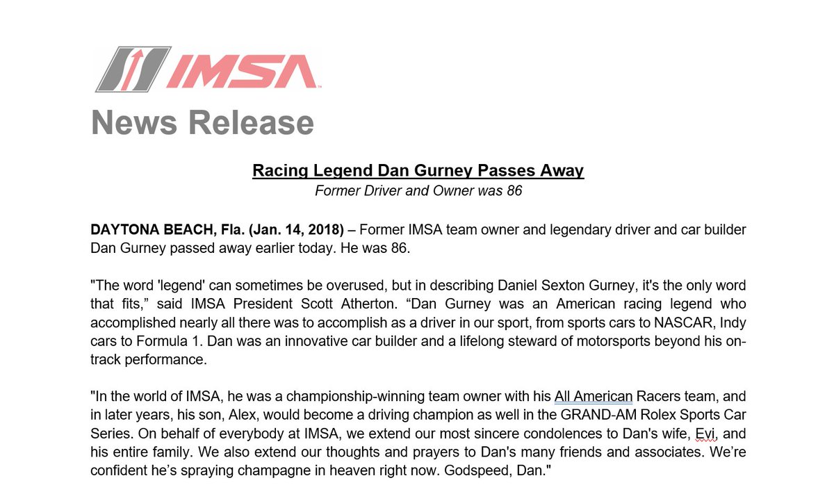 Slacker_Inc's tweet photo. RT @IMSA: IMSA President Scott Atherton quote on the passing of racing legend Dan Gurney. https://t.co/hYsmpWqT57