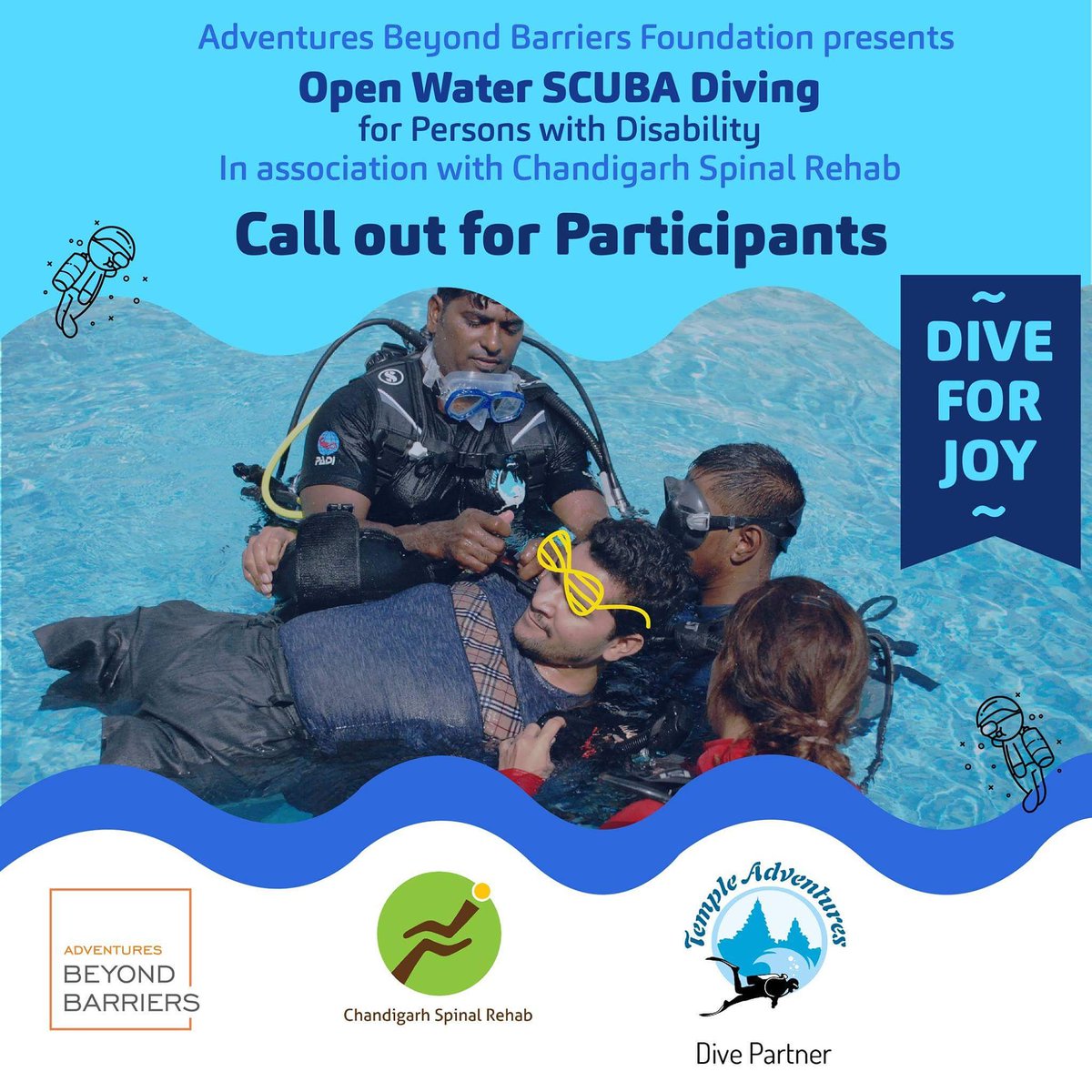 AdventuresBB's tweet photo. #DiveForJoy - Open Water SCUBA DIVING for Persons with #Disability
Dates: 22nd to 24th January
Where: #Pondicherry
Call 9011140185 NOW to REGISTER! https://t.co/9RyYx3hlwW