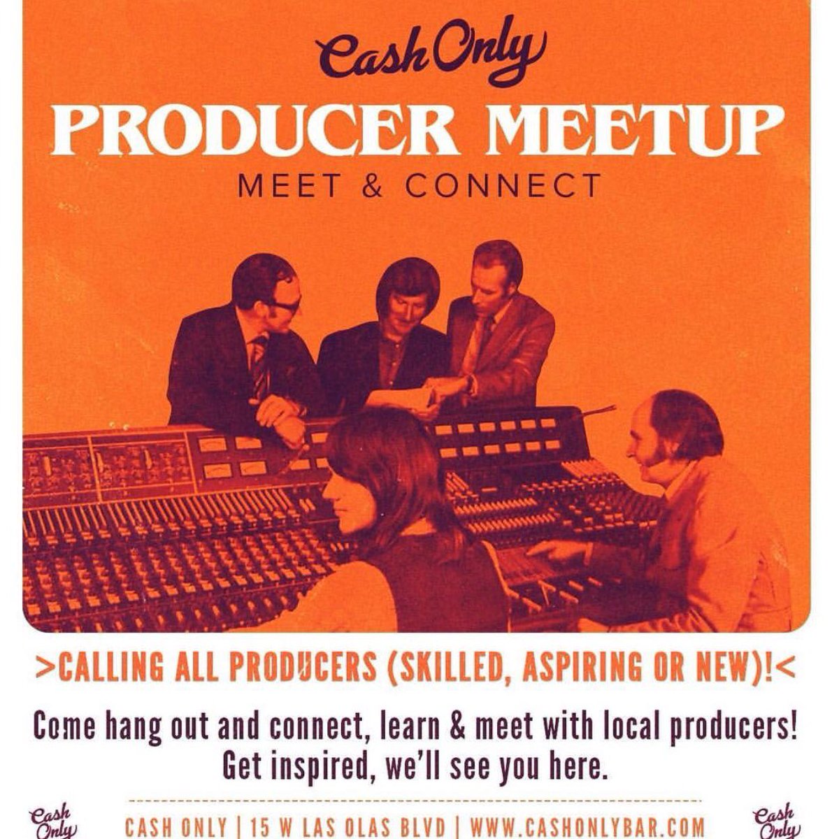 CashOnlyFTL's tweet photo. South Florida Producer Meetup this Tuesday at Cash!  All genres and levels welcome. Tell your friends! 👊🏽 https://t.co/zZ1pcko0G3