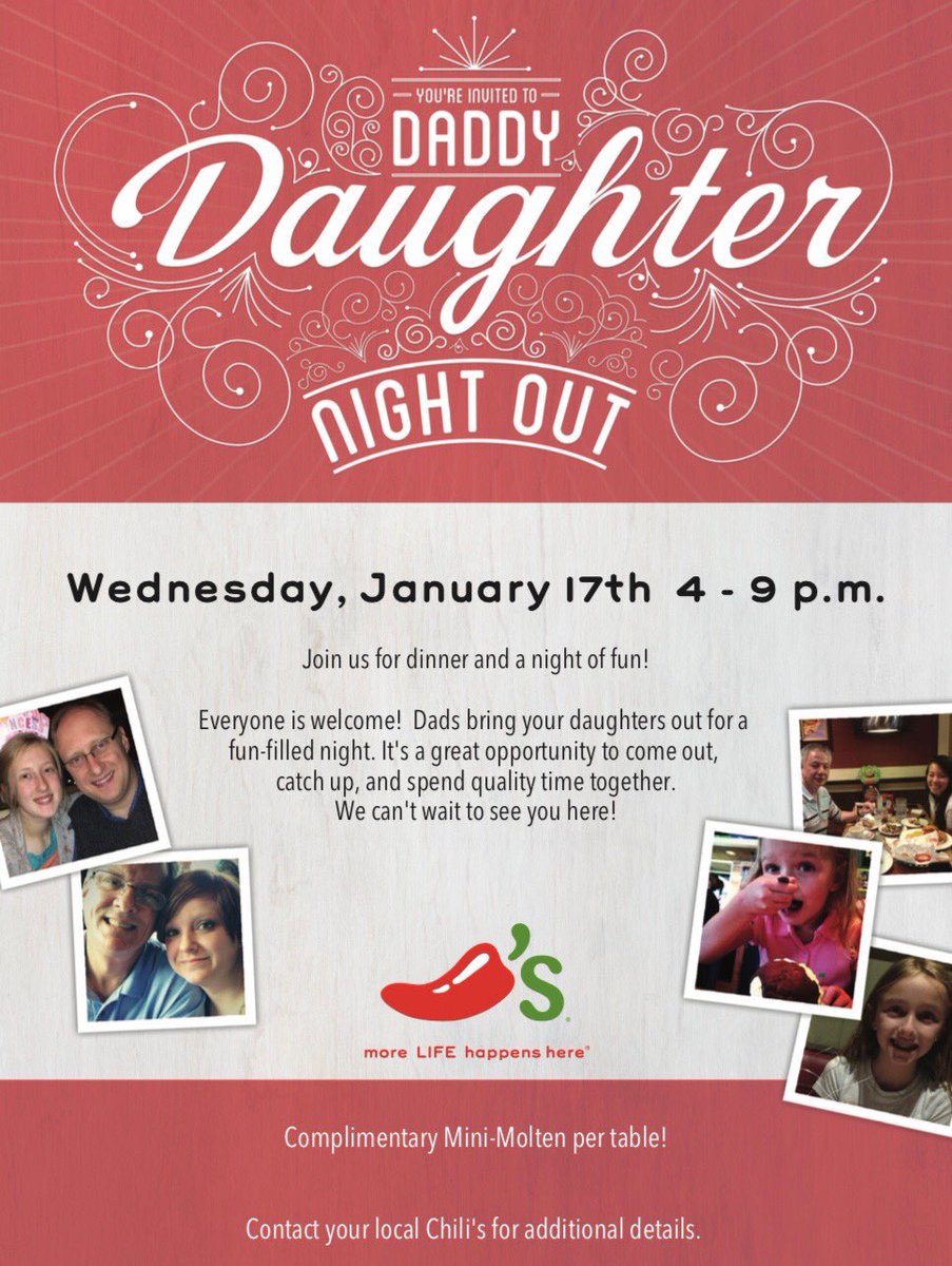 DanBurbee's tweet photo. Join us for Daddy Daughter Night Out @Chilis this Wednesday January 17th https://t.co/3Q7jvbNuAf