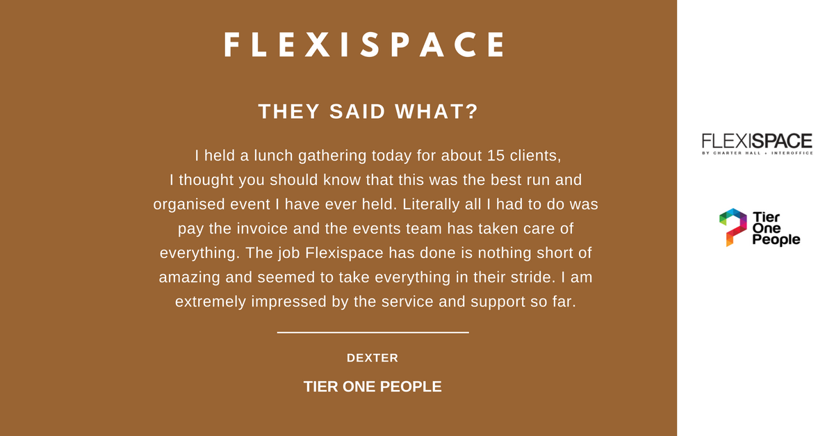 FlexispaceAU's tweet photo. Here at @FlexispaceAU delivering exceptional service to our clients like @Tieronejobs, is paramount. If you're looking for a professional space to host your next business event, get in touch, we'd love to help. #businessevents #1martinplace #coworking https://t.co/JmOfZZEINR