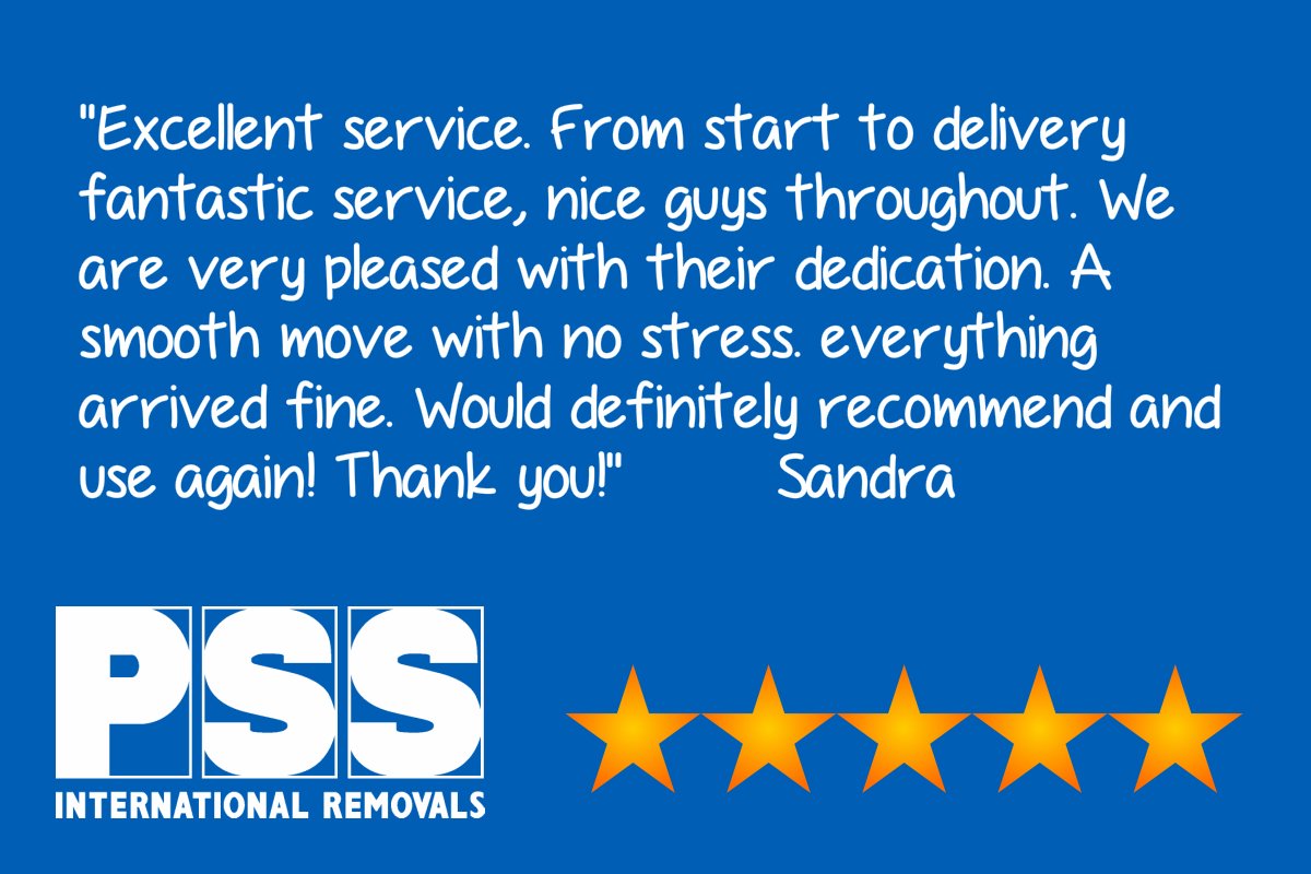 "Excellent service. From start to delivery fantastic service, nice guys throughout. We are very pleased with their dedication. A smooth move with no stress. everything arrived fine. Would definitely recommend and use again! Thank you!" Sandra
