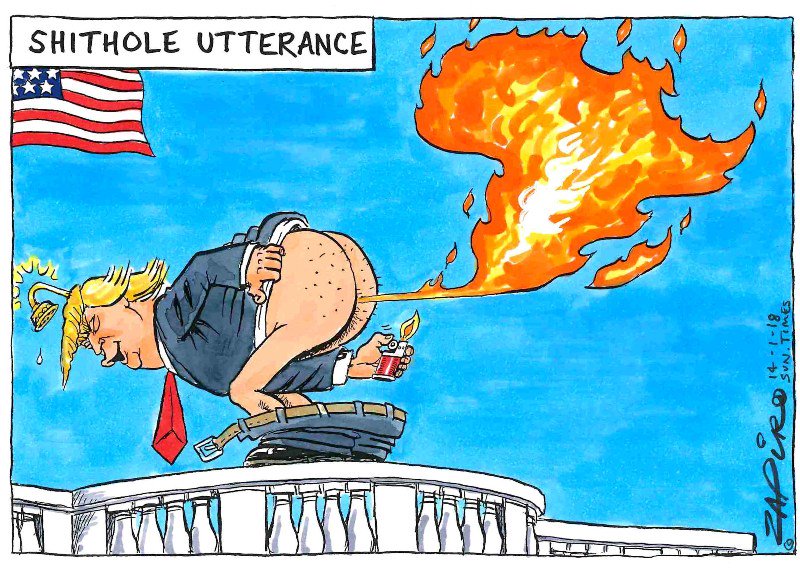 zapiro's tweet image. Zapiro's cartoon @SundayTimesZA (14 January 2018) on @realDonaldTrump  shithole utterance - bit.ly/180114st
