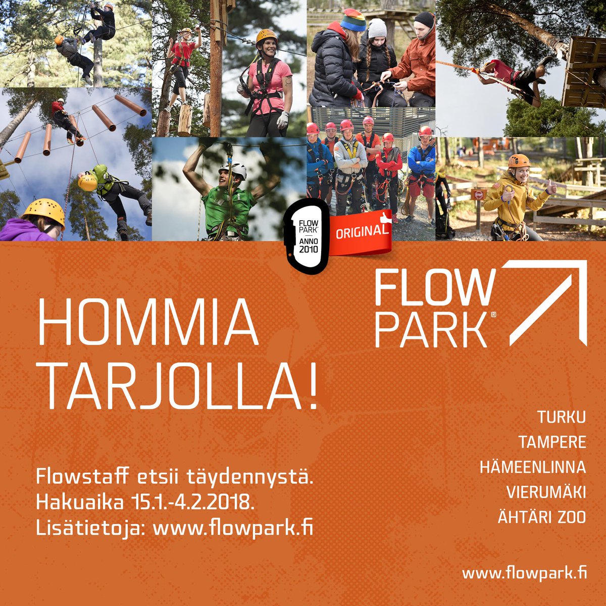 Kausityöntekijöiden rekrytonti kaudelle 2018 on käynnissä. Otamme hakemuksia vastaan 15.1.-4.2. Oletko etsimämme vahva lenkki? #kausityö #kesätyö #rekry #seikkailuohjaaja #flowpark #flowstaff #seikkailupuisto 

Hakuohjeet: flowpark.fi/turku/seikkail…