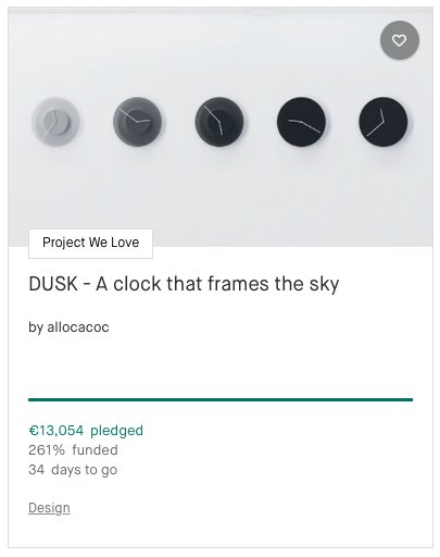 AMAZING! 
Thanks to your great and generous support, #DUSK is now 261% funded in only a week and we became <a href="/kickstarter/">Kickstarter</a>'s #ProjectWeLove during the week-end! 🎉🎉🎉 
You can still make a pledge: kck.st/2B07eLy 🌒🌓🌔🌕🌖🌗 #crowdfunding #interiordesign #innovation