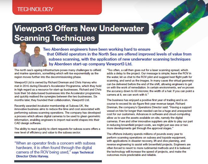 viewport3uk's tweet photo. Very pleased to be featured in the January edition of the Subsea UK magazine. Look forward to catching up with you at the Expo, 7-9 Feb, you'll find us on stand D2 where you'll be able to try your hand at digital photogrammetry. All the best! @subseauknews https://t.co/MZUEH4B1q7
