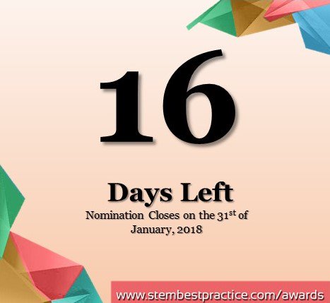 Hurry Up! We only have 16 days left till the nomination closes.
Apply now! You only need to answer questions on how your school implement STEM. 
There is NO entry fees for the nomination. 
For more info, contact us at +97145596306 or +971582864802
.
.
 #STEM #K12 #STEMMENAAwards