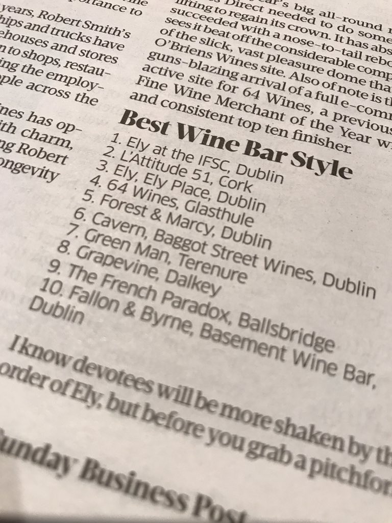 Delighted to be recognised as the Best Wine Bar Style by <a href="/tomasclancy/">Tomas Clancy</a> <a href="/SBPMagazine/">SBP Magazine</a> <a href="/sundaybusiness/">Fred</a> ELY BAR &amp; GRILL In great company too.