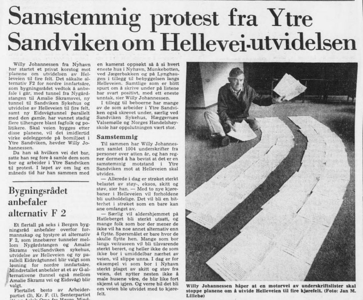 Protestaksjoner før og nå: 
I 1980 gikk Willy Johannessen dør til dør for å samle underskrifter mot motorveien i Ytre Sandviken (<a href="/btno/">Bergens Tidende</a> 14.6.80)

I 2018 kan du signere elektronisk: 
opprop.net/legg_e39_i_tun…

#bybanenidagen #Bybanen #Sandviken