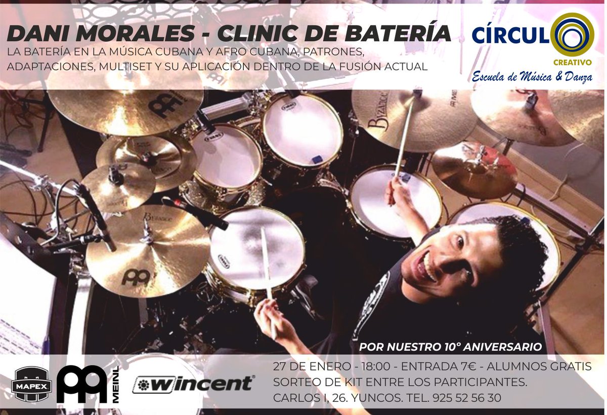No te olvides de reservar tu plaza para la Clinic de Batería de Dani Morales, plazas limitadas.
📞 925 52 56 30
🖱️ circulocreativo.es