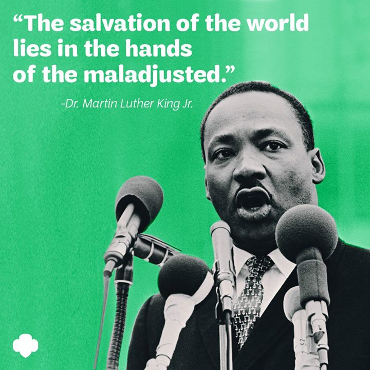 girlscouts's tweet image. Happy birthday to the late great Dr. Martin Luther King Jr.! Let's work together to make the world a better place for us all, even when that means embracing the maladjusted: bit.ly/2jFiunN #MLKDay