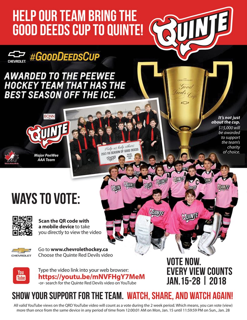 QRD Peewees need YOUR support!  Every single view on this link 
youtu.be/mNVFHgY7MeM 
between Jan 15-28 counts to help them move onto the finalist stage for the Chevrolet #gooddeedscup!  We could win up to $15000 for charity!
Please RT!