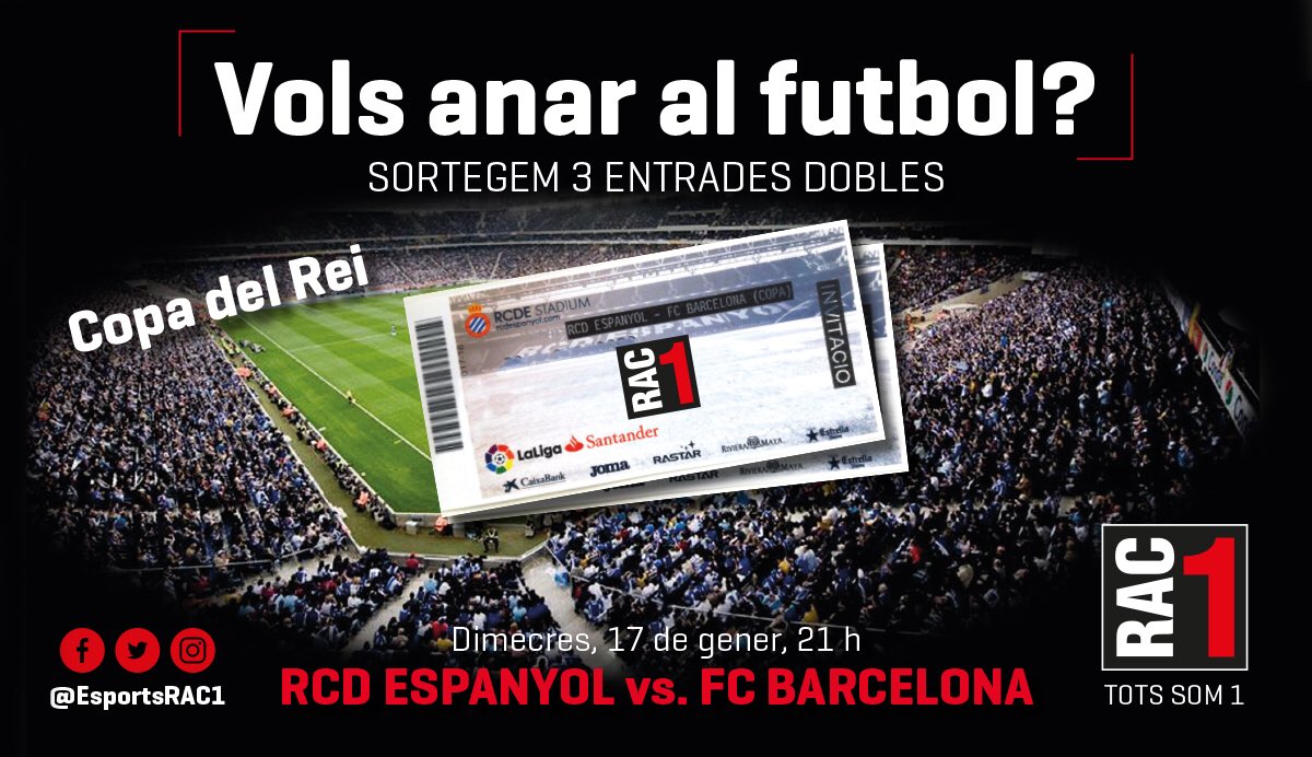 EsportsRAC1's tweet photo. 💥Vols viure el derbi de Copa en directe?

👉Fes RT al tuit fixat a @EsportsRAC1
🎟Sortegem 3 entrades dobles
⚽Espanyol🆚Barça
📆dimecres 17/1 ⏰21h
📍RCDE Stadium
🍀Sorteig dimarts https://t.co/ki5nO8ZpyE