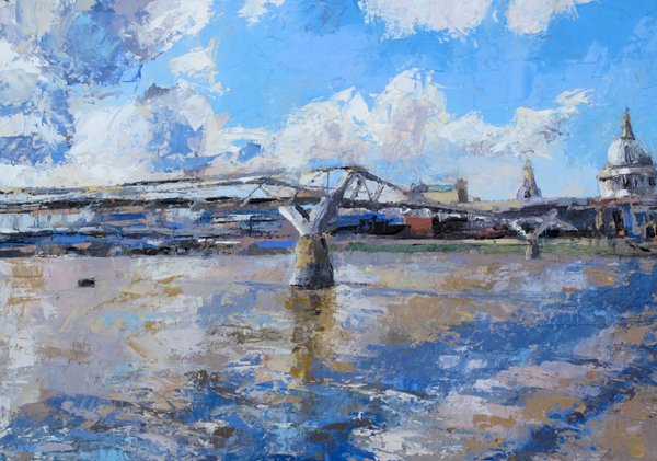NEW: Antidote to today's weather, the stunning blue sky of 'Millennium Bridge'  by Nick Hebditch. Oil on board, info here saffrongallery.co.uk/Nick_Hebditch/… #StPaulsCathedral  #London