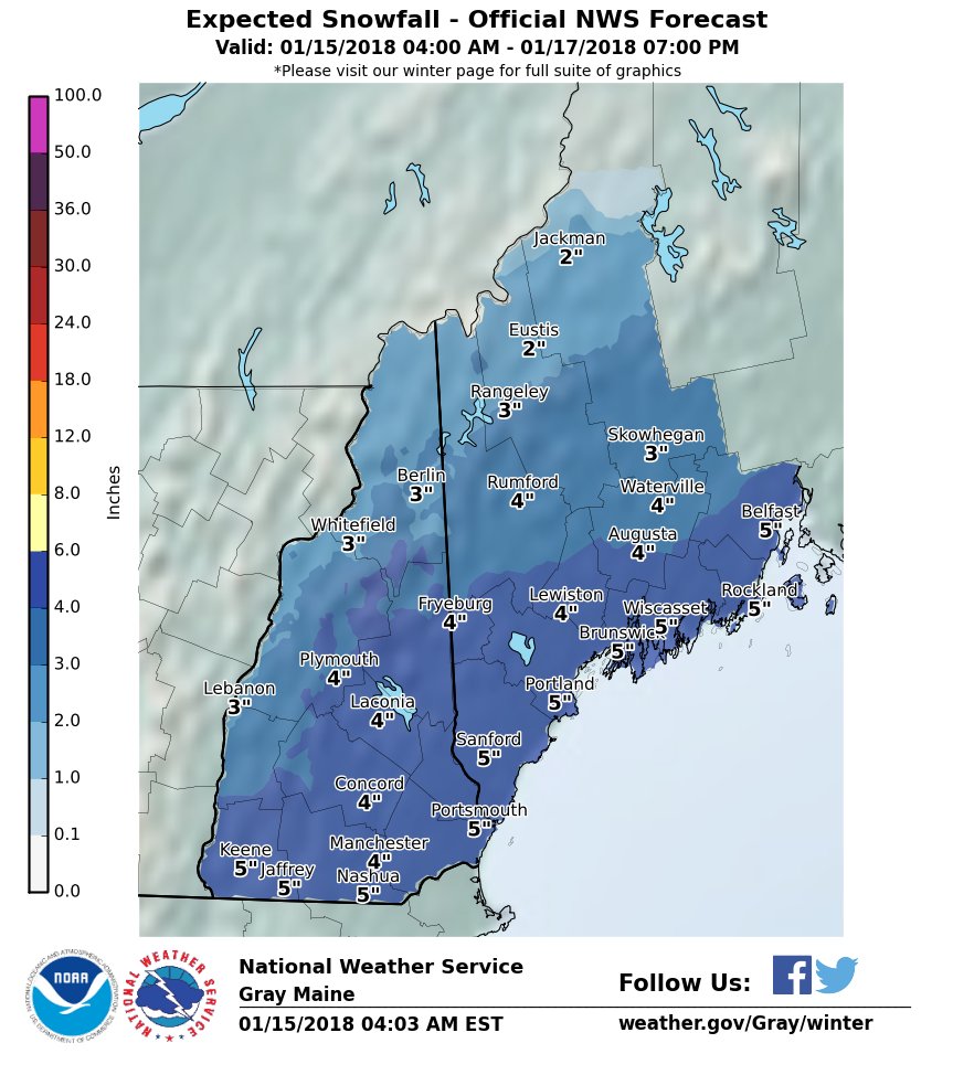 NWSGray's tweet image. Here's a look at potential snowfall amounts for late Tuesday into Wednesday.