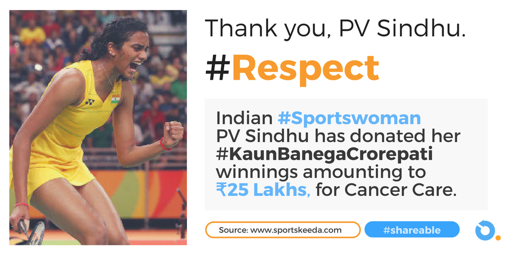 OncoCancerCare's tweet photo. Indian Badminton Ace @Pvsindhu1 recently donated her #KaunBanegaCrorepati winnings amounting to Rs 25 Lakhs, to the war against cancer. @OncoDotCom thanks and respects the spirit of this #Indian #Sportswoman!  #OncoDotCom #Shareable https://t.co/b786HaSYek