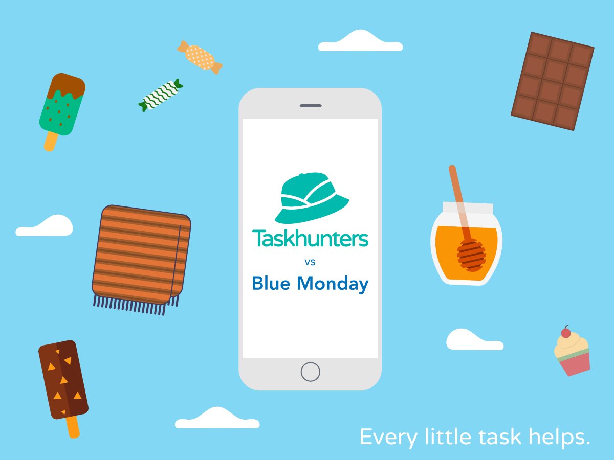 Noi di Taskhunters non vi lasciamo soli neppure nel giorno più triste dell'anno. Affrontate il Blue Monday, pubblicate ora un task e fatevi consegnare a casa una coperta calda, una vaschetta di gelato e del cioccolato. 😀🍨🍫 #BlueMonday
