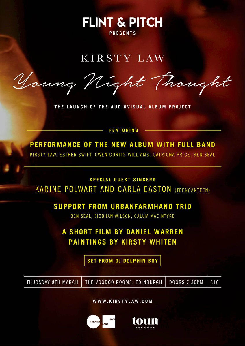 *DRUMROLL* Pals! We're delighted to present YOUNG NIGHT THOUGHT by Kirsty Law on 8.3.18, an album launch bursting wi multi-artform delights! Check it out and nab yer tix here: bit.ly/2Dkq3xP