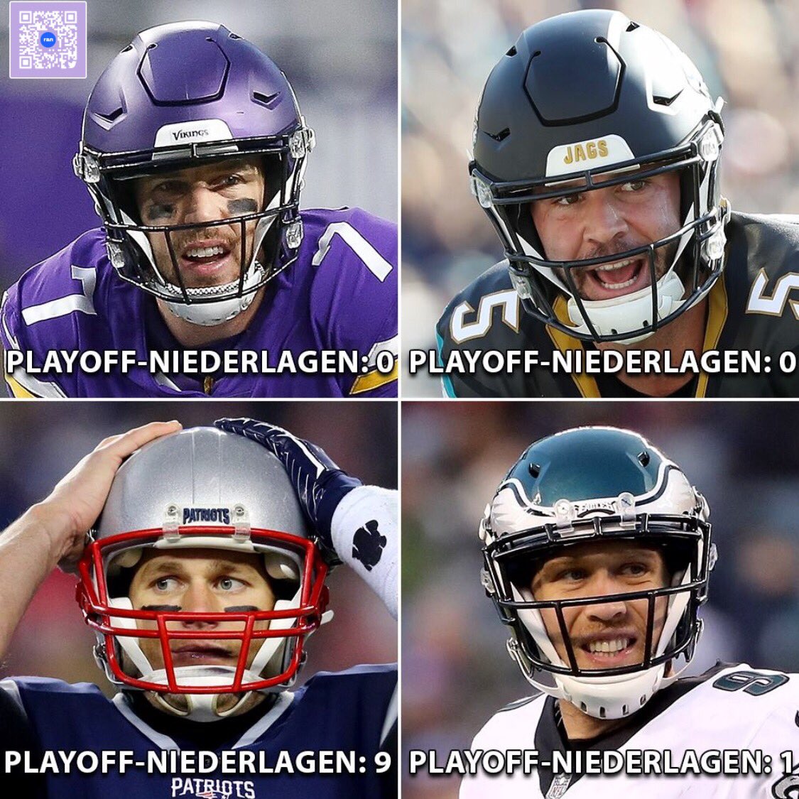 Die 4 Quarterbacks der #Conference #Championship Games. Sieht nicht gut aus für #Brady. #rannfl #superbowl52
