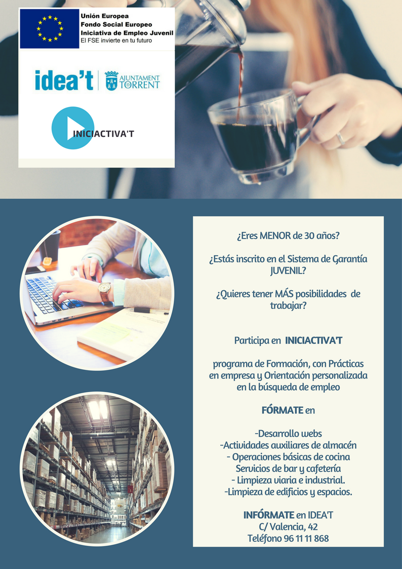 ABIERTO PLAZO PARA INSCRIPCIÓN EN INICIACTIVA´T. 
Proyecto Europeo #Formación #Empleo #Jóvenes inscritos #SNGJ Plazo presentación de instancias para alumnos hasta el 02/02/2018
 Inscribeté ya . Información en #Ideat #Torrent y web municipal
torrent.es/torrentPublic/…
