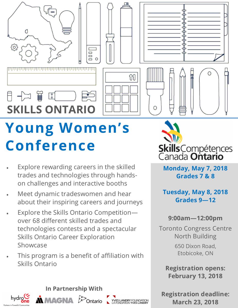 skillsontario's tweet photo. #SkillsOntario supports #GirlPower! 👩‍🏭👩‍🍳👩‍🔧👷‍♀️ As a part of our Young Women's Initiatives, Skills Ontario provides girls in senior elementary and secondary with the opportunity to learn from female mentors at the Young Women's Conference! Check out our flyer for info! https://t.co/qFjEJc072S