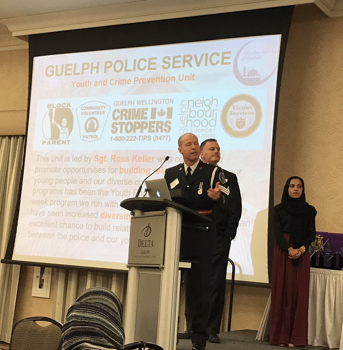 OfficerKGrant's tweet photo. Thank you @MSOFG_SM! I really enjoyed the #BuildingBridges event last night at the @Delta_Guelph! I also really appreciated you honouring both @BBBFGuelph and the #GuelphPolice #YCPU! @gpsmedia #YouthCrimePreventionUnit #Guelph #GuelphYCPU https://t.co/LHOtjlF5bT