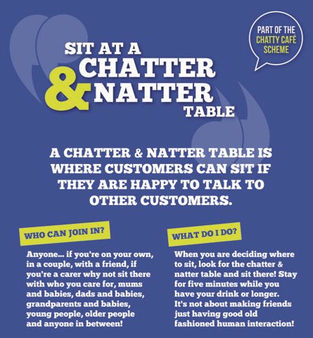 Own a cafe in #putney? Help us help others! Set up a Chatter &amp; Natter table for a couple of hours for people who are happy to talk to other customers. Think some old-fashioned human interaction! Let us know if interested. We will include you in the #putneysociety newsletter!