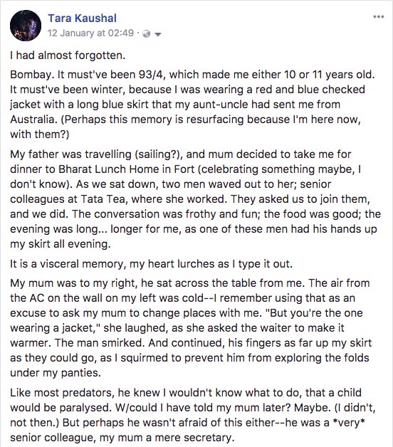 TaraKaushal's tweet photo. This is a post I had written on Facebook, but considering I am seeing help from the #Tatas, perhaps I'll have more luck here. #tatatea #predator #peadophile #MeToo #BalanceTonPorc #seekingclosure #WhyIndianMenRape https://t.co/kV0kqezd4G