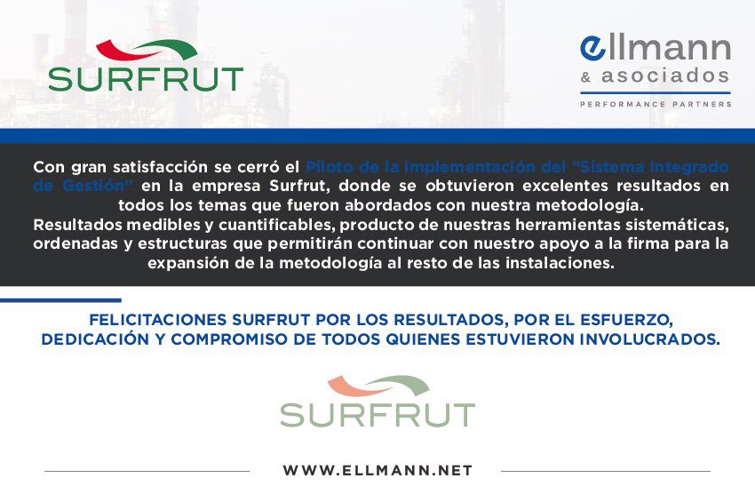 EllmannyAsoc's tweet photo. Con gran satisfacción cerramos el Piloto de la implementación del “Sistema Integrado de Gestión” en la empresa Surfrut, donde se obtuvieron excelentes resultados en todos los temas que fueron abordados con nuestra metodología.

-
https://t.co/lljhd4LXhl https://t.co/387lUwnMCY