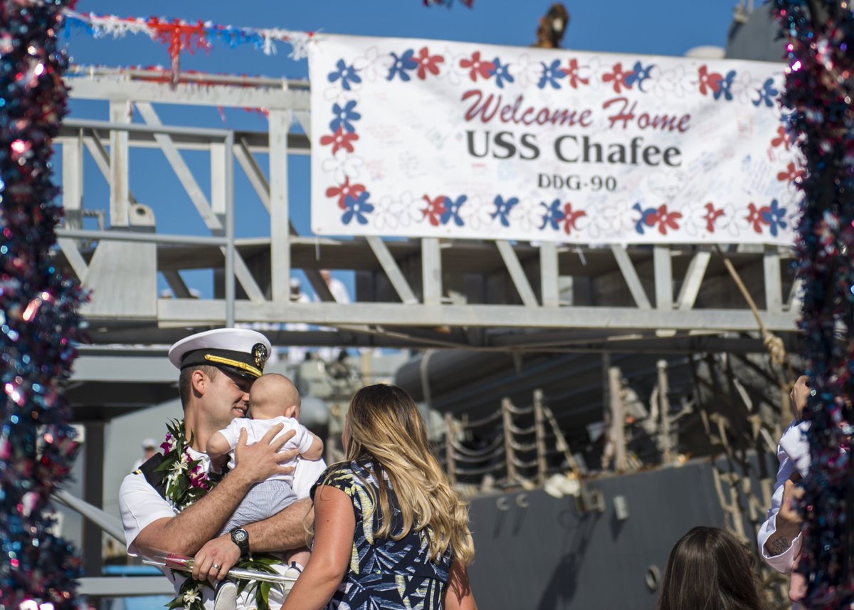 I had to share this photo of a new dad holding his child for the 1st time as #USSChafee returns to @JointBasePHH from deployment to the Western Pacific & South America. The #GuidedMissileDestroyer was conducting theater security cooperation & maritime presence ops #DDG90 #USNavy