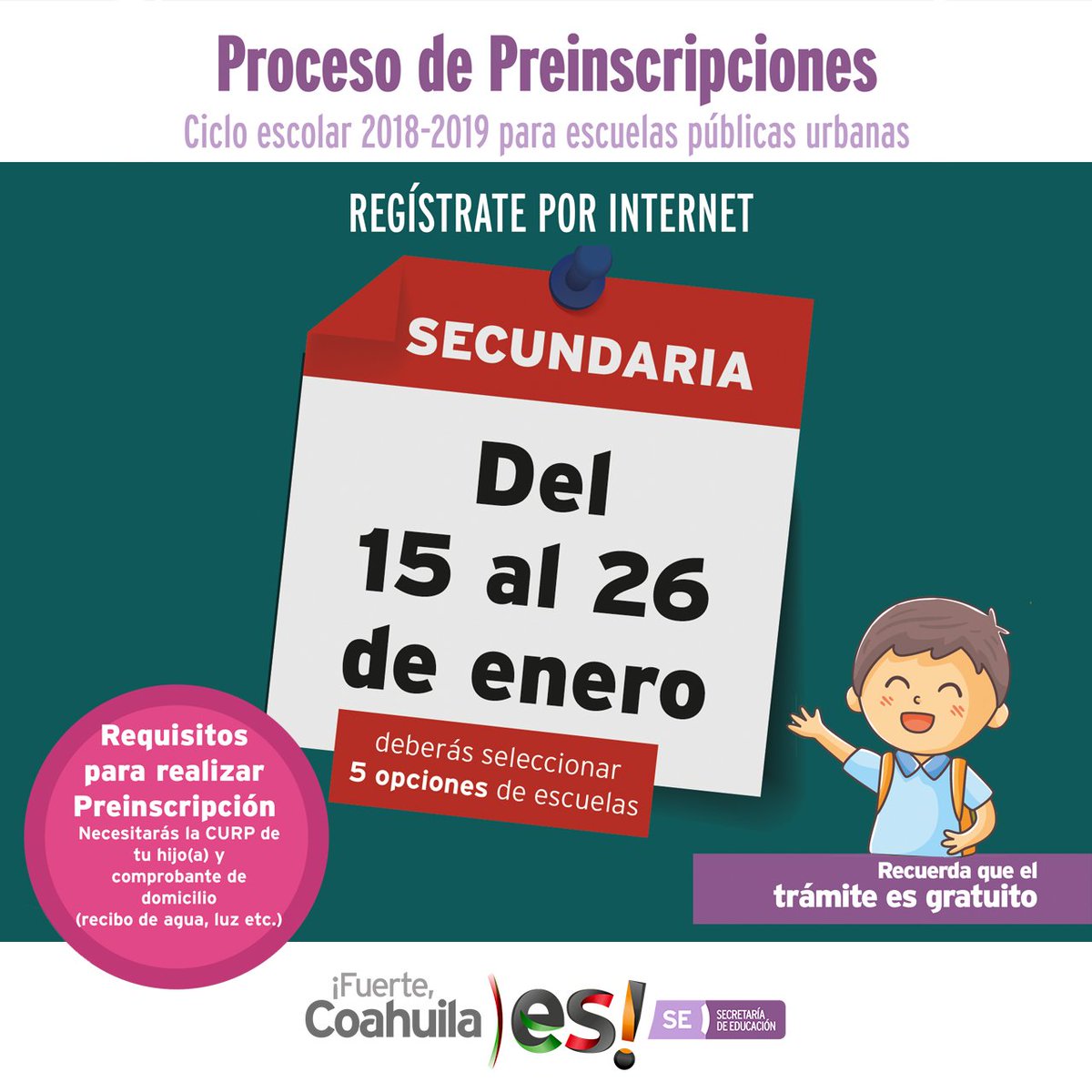 InscripcionCoah's tweet photo. 15 al 26 de enero periodo de Prescripción para alumnos de nuevo ingreso a Secundaria. Ingresa a https://t.co/16dnMVb986 y realiza tu solicitud @SEducacionCoah  @HiginioGlzC #Acuña https://t.co/GBx92UnjbO