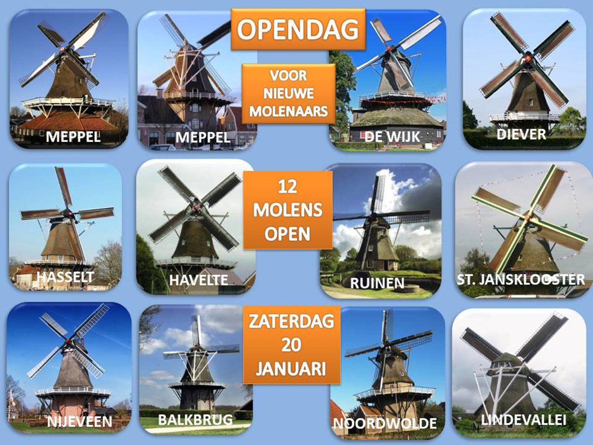 MOLENAAR WORDEN? Op zoek naar een mooie hobby Op 20 jan zijn 12 molens in Meppel e.o. geopend voor liefhebbers die molenaar willen worden. Op deze dag mag je de molenaar helpen om te ervaren wat het 'vak' van vrijwillig molenaar inhoudt Misschien is dit wel de hobby die je zoekt
